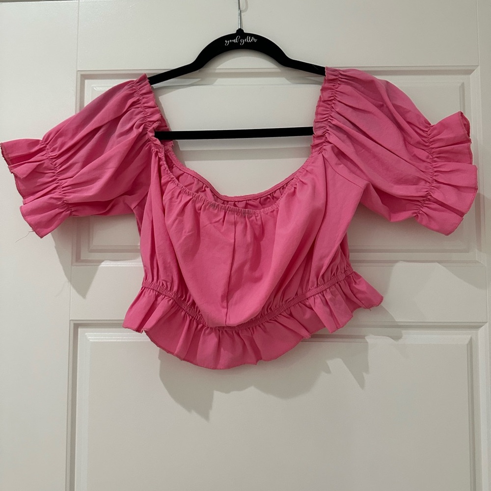 Pink Puff Sleeve Crop Top with Ruched Ruffled Details - Picture 2 of 3